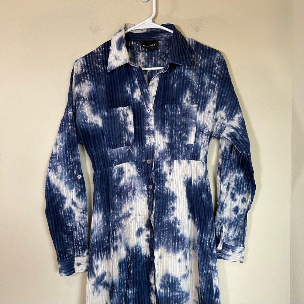 Line & Dot Women's Long Sleeve Maxi Dress Tie dye Small‎ Blue White
